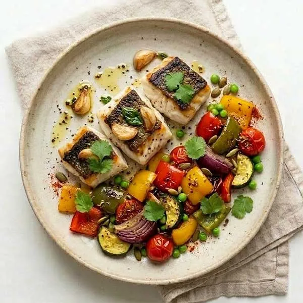 Garlic and basil fish with roast mediterranean vegetable mix